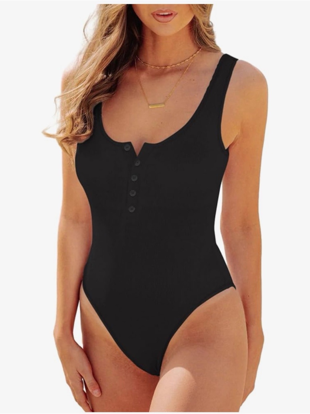 🔥 SALE! 5 for $20 🛍️ Black Ribbed Button-Front One-Piece Swimsuit